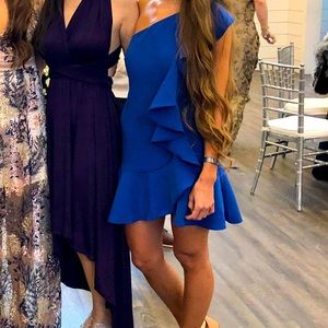 Blue one shoulder blue ruffle mini dress